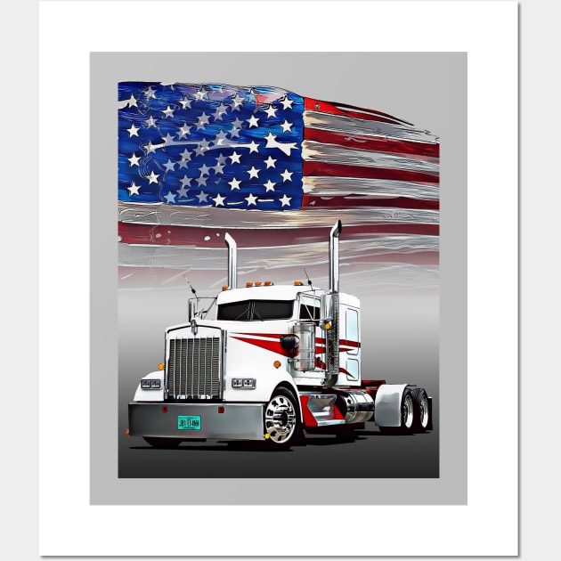 Kenworth Truck and The American Flag by Gas Autos T-Shirt Wall Art by GasAut0s